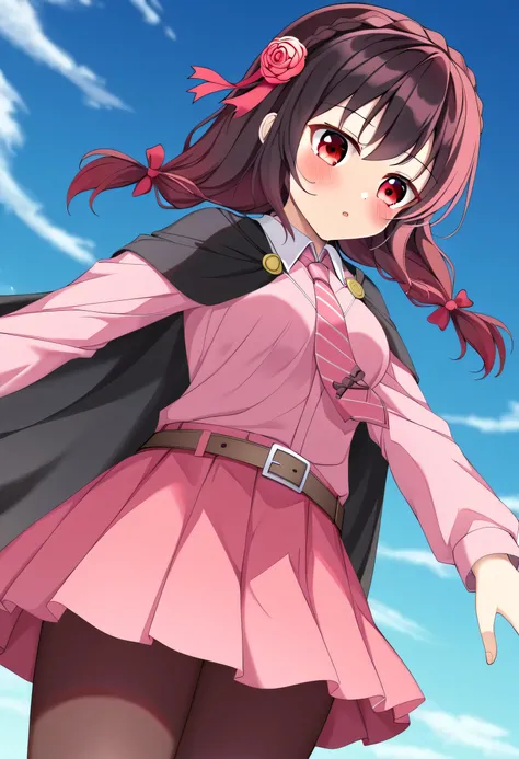 yunyun,Yunyun、1 person、solo、 high image quality、 red eyes、 black hair、 rose twin tail 、 red hair ribbon 、 hair ornament、
 brown pantyhose 、 black legwear 、 red and pink striped tie、(Pink long sleeve shirt:1.2)、
 pink skirt、 pink blush、belt、Black Cape、(Live...