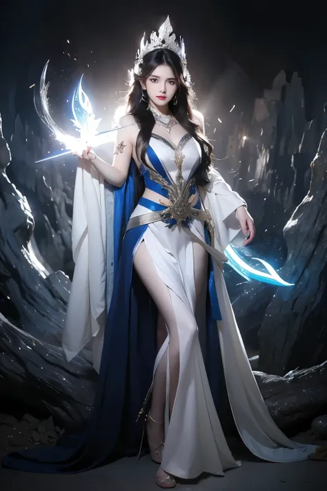 Create douyin character; {background: night}, white skin, realistic, HDR, beautiful, full body, age 20, name card: “LynnA”, female, black hair, long hair, glow light, use magic