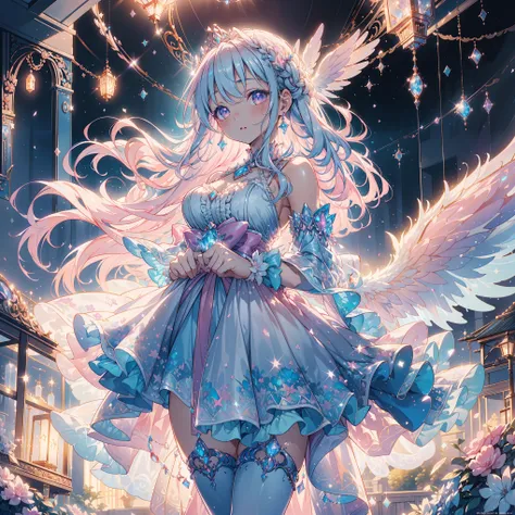 ( beautiful ,   beautiful  ,   Very detailed, masterpiece,   high quality  , Puzzled,    high resolution , Full HD, 16K, Soft Edge, Soft lines),(  dynamic angle),Flying in the air  ,    dramatic lighting    ,  pastel colors  ,  Soft Lighting  ,((Moonlight ...