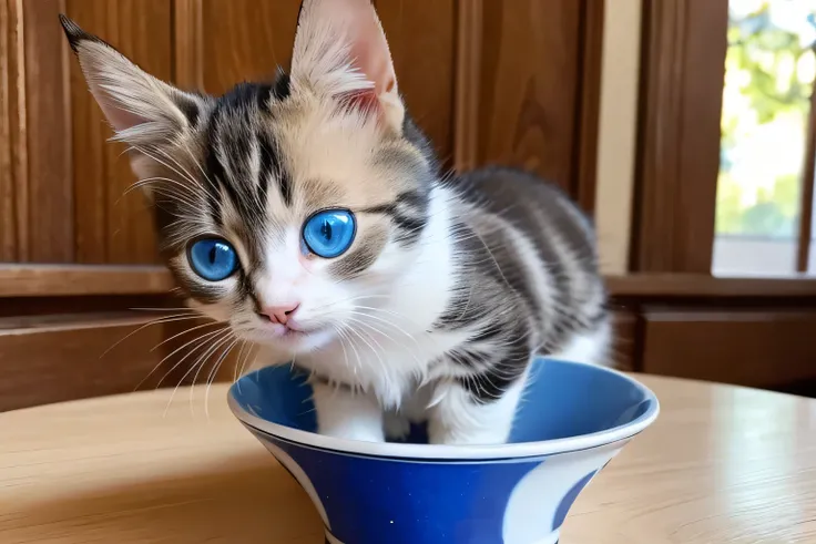 A little kitten with blue eyes is sitting at the table, Adorable kitten,  cute kitten,  kitten portrait ,  cute cat photo,  cute cat, a  cute cat, Adorable eyesをしている, Little blue eyes, Adorable eyes, Cat Pictures, Cute big eyes,  has two cute blue eyes , 最...