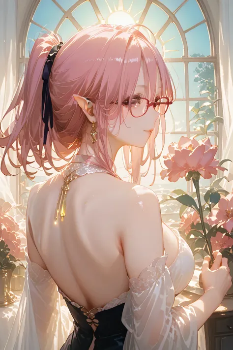 solo、 One Girl 、adultの女((( Age 25、 adult、Big Breasts ))) woman、((( A peerless beauty、The embodiment of beauty、So beautiful、goddess)))、 Supermodel 、 golden proportions )) short bob hair、 milky pink hair、Red glasses、 magenta eye 、 elf ears :0. 5、indoor、In f...