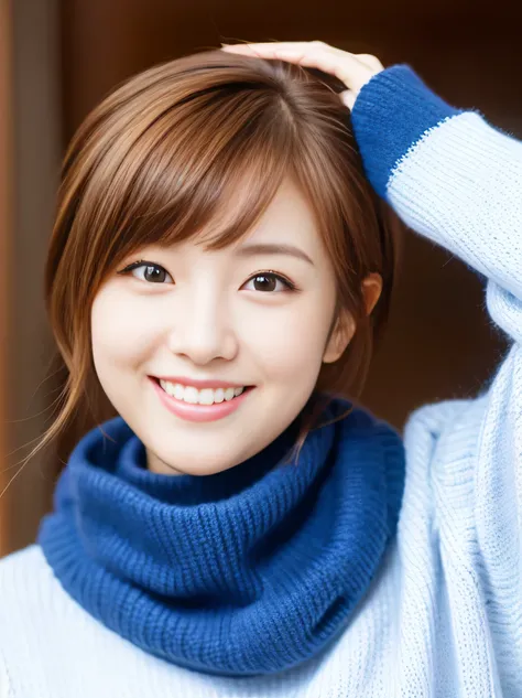 Please create a portrait of a cheerful and extremely cute 20-year-old Japanese idol woman with short auburn hair, warm brown eyes, and a bright smile. She is stylishly dressed in a blue sweater with a turtleneck. Background is nothing but white.