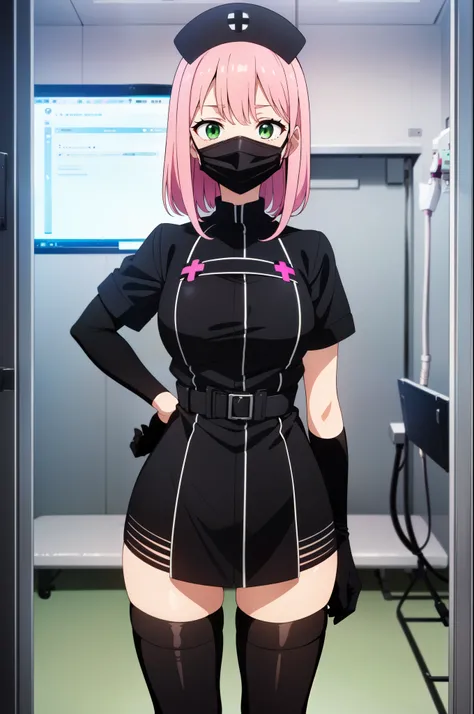 black nurse, 1girl, solo, black nurse cap, black nurse uniform, ((black legwear, zettai ryouiki)), black elbow gloves, pink hair, green eyes, drooping eyes, ((black surgical mask, covered nose)), standing, ((surgery room)), sharp outline, short sleeves, be...