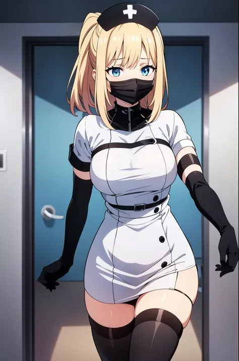 black nurse, 1woman, solo, black nurse cap, black nurse uniform, ((black legwear, zettai ryouiki)), black elbow gloves, blonde hair, blue eyes, ((black surgical mask, covered nose)), standing, ((surgery room)), sharp outline, short sleeves, mature female, ...