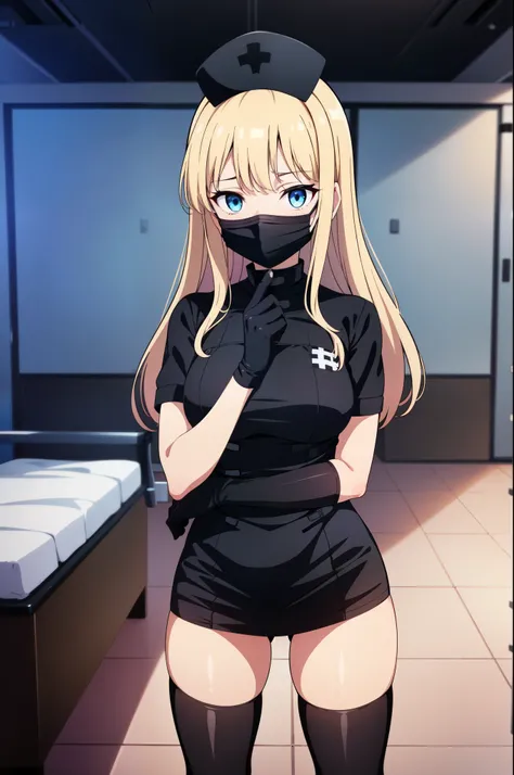 black nurse, 1woman, solo, black nurse cap, black nurse uniform, ((black legwear, zettai ryouiki)), black elbow gloves, blonde hair, blue eyes, ((black surgical mask, covered nose)), standing, ((surgery room)), sharp outline, short sleeves, mature female, ...