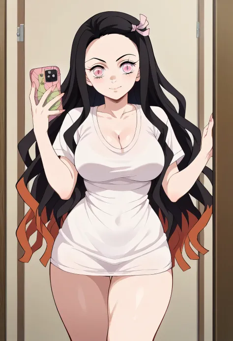 score_9, score_8_up, score_7_up, source_anime, nezukokamado, nezuko kamado, black hair, forehead, hair ribbon, long hair, multicolored hair, pink eyes, orange hair, slit pupils, wavy hair, two-tone hair, cleavage, demon girl, tattoo, thighs, thick thighs, ...