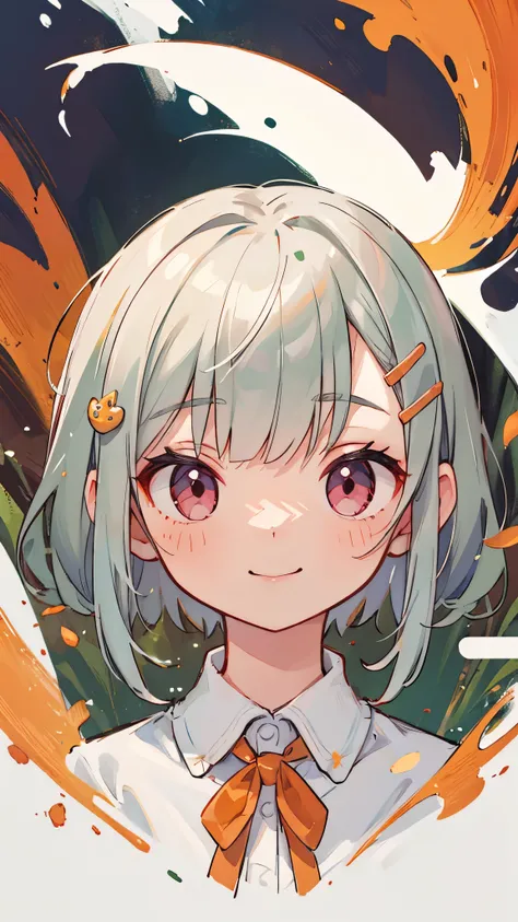 Single Portrait、 girl 、smile、impression、(Oil painting)、Green and orange tones、Short silver bob hair held together with a hair clip、 pink eyes