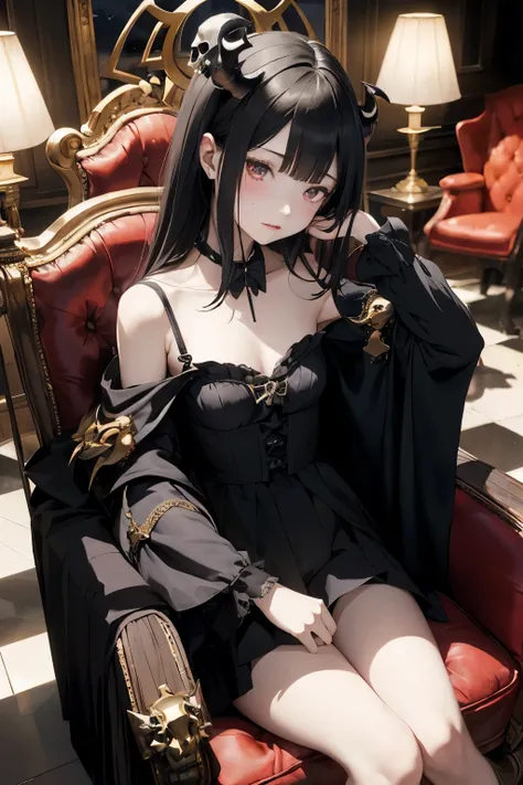 masterpiece,(1girl,Age 15,petites),pale skin, bangs, small breasts,Cape、(Demon King、Demon World、Mansion、Demon Kingの椅子、skull、 large back chair、Sitting on the throne、night)、 skirt 、 crosses legs、 hair ornament、night、 dark、 Darkness、Butler、
