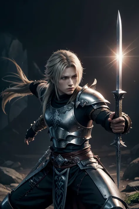 A mystical warrior, with the appearance of Genesis Rhapsodos (final fantasy), dressed in warrior armor, with a sword in combat stance.


Beautiful and serious face.