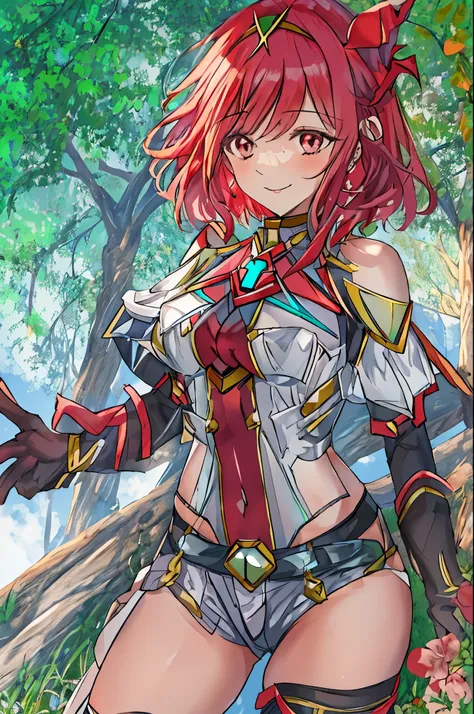 masterpiece, best quality, integrated scenery, integrated background, extremely delicate and beautiful, meticulous details, good composition, , cute face, perfect face, perfect hands, best quality, pyra (xenoblade), 1young_teen_girl, armor, bangs, red eyes...