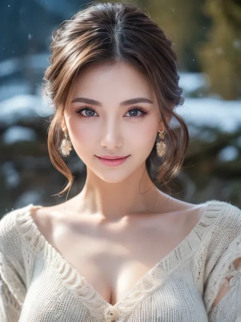 masterpiece,  top quality , shape,  super detailed , finely,  high res, 8K RAW photo,  perfect dynamic composition,  beautifully detailed eyes,  natural lips,  has long eyelashes, light makeup,  natural makeup , smile, winter knitted dresses,  rich breasts...