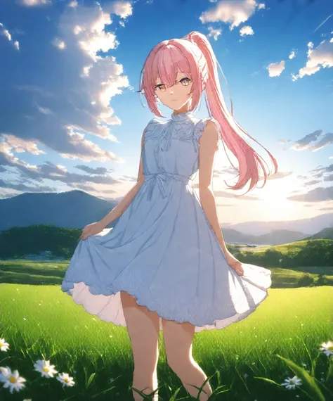 1girl, solo, Pink Shine Bright Hair, hair between eyes, Long hair, (ponytail), aesthetic detailed eyes, (Pink shiny Bright Eyes), bright pink eyes, (pale cheeks), (skin colored cheeks), Mesmerise, Little smile, closed mouth, (half body, cowboy shot), BREA...