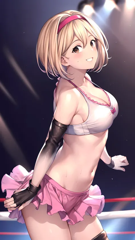 djeeta_(granblue_fantasy), brown eyes, 1girl, solo, Detailed eyes, (sports bra:2, short spats:2, bare thigh, fingerless gloves, nosleeves:1.3, cleavage, visible navel), Perfect body, (happy smile:1.5), Toned body, Ultra HD, Detailed eyes, Detailed face, (v...