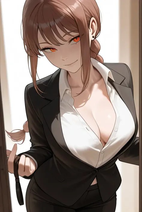 A seductive and alluring fanart of Makima from Chainsaw Man. She stands confidently, exuding a dangerous yet captivating aura. Her long, smooth brown hair flows freely, framing her face with her piercing red eyes, which give off a sense of control and domi...