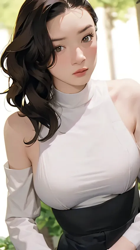 8k,  top quality , masterpiece,  very detailed,  semi-realistic ,  girl ,  girl , 20 years old, ,  bang on long dark brown hair, Curly Hair,  green eyes,  black Japanese style cut dress , White Bread, Bare shoulders,  golden details, ( firm and well-shaped...