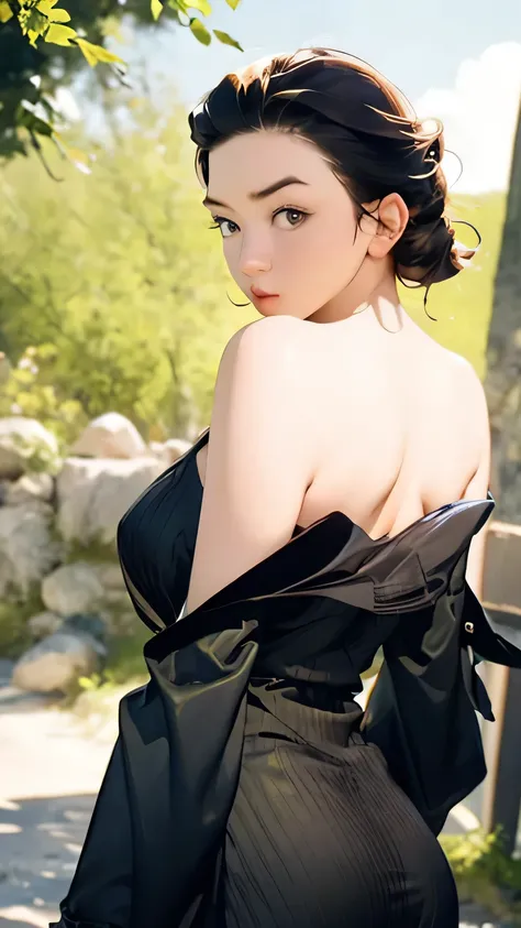 8k,  top quality , masterpiece,  very detailed,  semi-realistic ,  girl ,  girl , 20 years old, ,  bang on long dark brown hair, Curly Hair,  green eyes,  black Japanese style cut dress , White Bread, Bare shoulders,  golden details, ( firm and well-shaped...