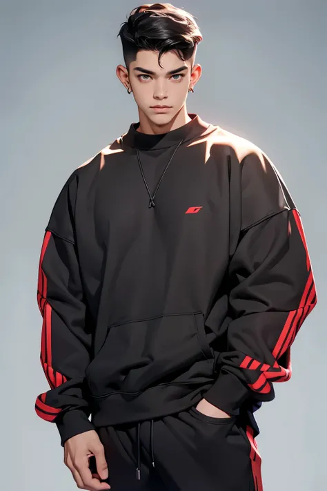 Handsome Samuel Warner man black hair big muscular body red sweatshirt upper side body short grey photoshoot background 