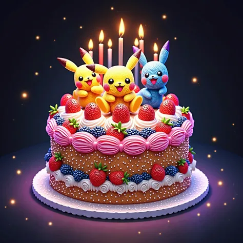 HAPPY Birthday image 、 A very beautiful birthday cake decorated with beautifully lit up jewels and precious metals such as diamonds and crystals、Kirbys Dream Land figures、Made of gemstones and precious metals、Extremely Precise Construction 、Shining beautif...