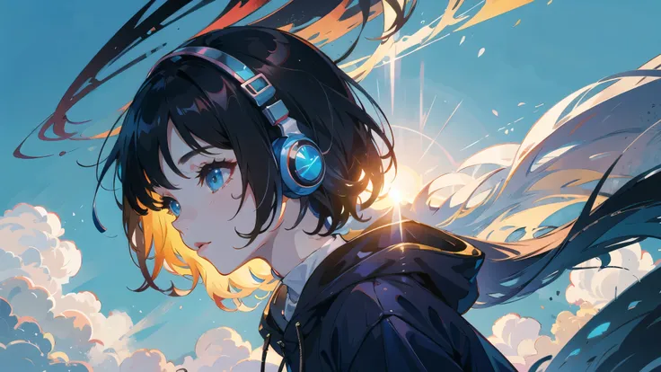  woman with headphones　Morning Clearance々It has a nice atmosphere 　Blue sky, the sky where the suns light shines