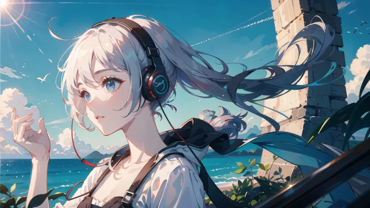  woman with headphones　Morning Clearance々It has a nice atmosphere 　Blue sky, the sky where the suns light shines