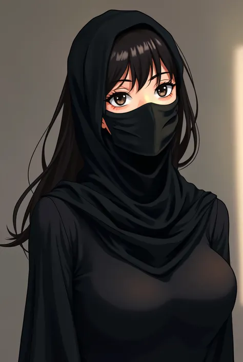 Anime muslim woman, her sexy figure is visible through her clothes. Arab face appearance. wearing a black medical mask as a niqab. dark hair.
