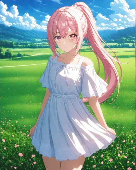 1girl, solo, Pink Shine Bright Hair, hair between eyes, Long hair, (ponytail), aesthetic detailed eyes, (Pink shiny Bright Eyes), bright pink eyes, (pale cheeks), (skin colored cheeks), Mesmerise, Little smile, closed mouth, (half body, cowboy shot), BREA...