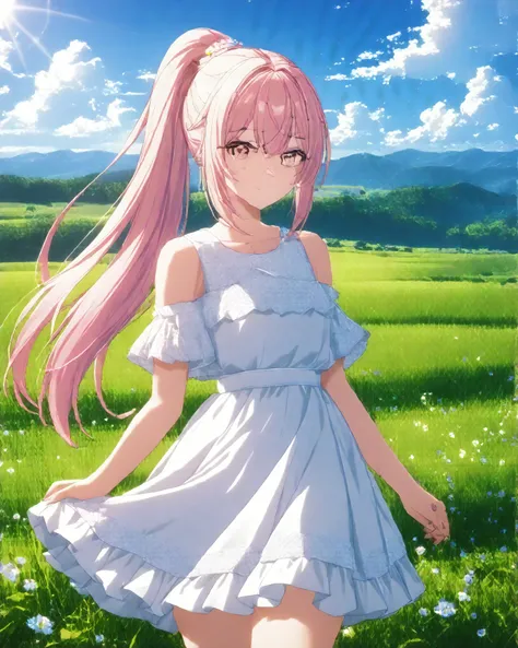 1girl, solo, Pink Shine Bright Hair, hair between eyes, Long hair, (ponytail), aesthetic detailed eyes, (Pink shiny Bright Eyes), bright pink eyes, (pale cheeks), (skin colored cheeks), Mesmerise, Little smile, closed mouth, (half body, cowboy shot), BREA...