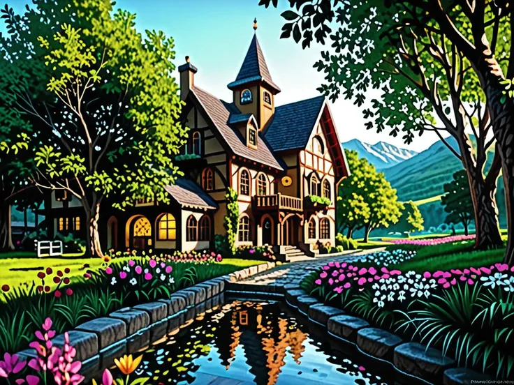 a small village by the river, mountains in the background, floral flowers colorful, detailed landscape, Beautiful natural landscapes, atmospheric lighting, scorching sunset, warm colours, practical, photopractical, Detailed Foliage, complex buildings, cobb...