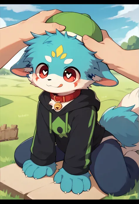   very detailedな,  very detailed,Blue fur,brown-hair ,,male,骨を見て excited,Heart Eye,participate,Red collar, green white and colored hat ,  cute face,  something like fluffy fur , excited,Horny boy,Sitting！, on all fours,smile,Plains,doll,Dropped ears,Plains...