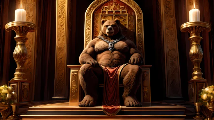 A king bear ,  with short hair , Sitting on a throne and being worshiped