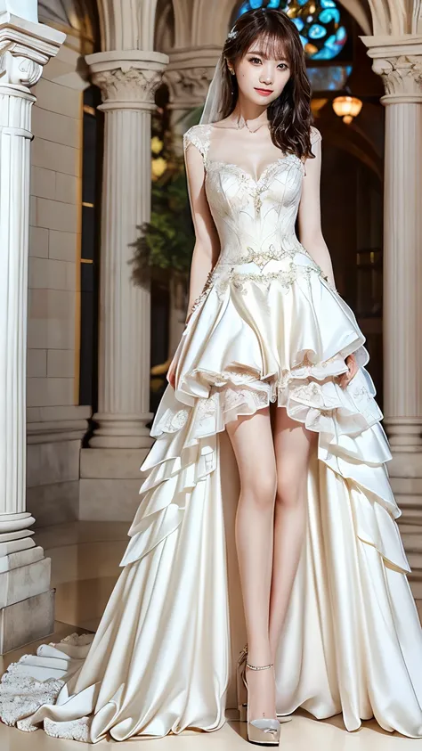 (very slim anorexic slender skinny body:1.4); skinny,Abnormally thin thighs, beautiful young Japanese woman , 18 years old, Thin legs, perfect skin, Beautiful breasts, ( wedding dress :1.3), (She is standing:1.2), full body shot , High He...