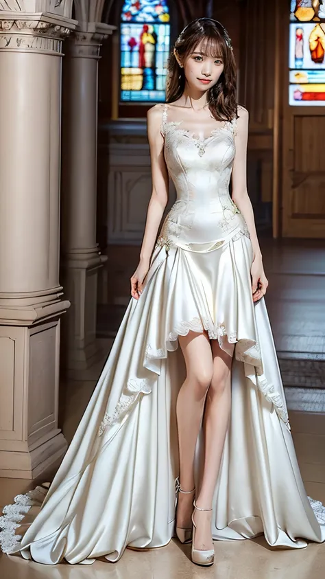 (very slim anorexic slender skinny body:1.4); skinny,Abnormally thin thighs, beautiful young Japanese woman , 18 years old, Thin legs, perfect skin, Beautiful breasts, ( wedding dress :1.3), (She is standing:1.2), full body shot , High H...