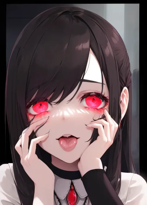 ((best quality)), ((highly detailed)), masterpiece, absurdres, (detailed eyes, deep eyes), (1girl), yandere trance, yandere, hands on own face, hands on own cheeks, shaded face, ((glowing eyes)), (upper body), hexmaniacms, ((@.@)), bags under eyes, ahoge, ...