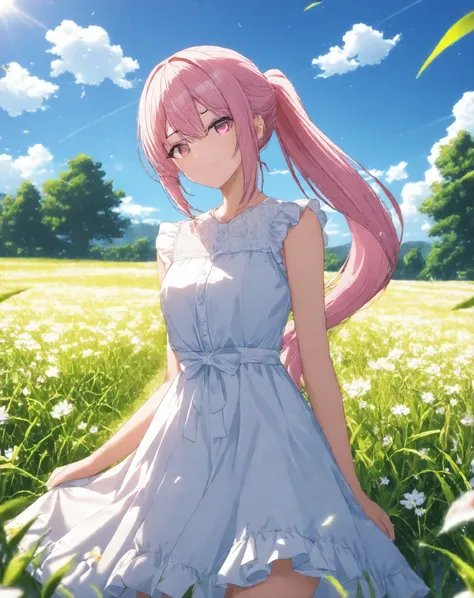 1girl, solo, Pink Shine Bright Hair, hair between eyes, Long hair, (ponytail), aesthetic detailed eyes, (Pink shiny Bright Eyes), bright pink eyes, (pale cheeks), (skin colored cheeks), Mesmerise, Little smile, closed mouth, (half body, cowboy shot), BREA...