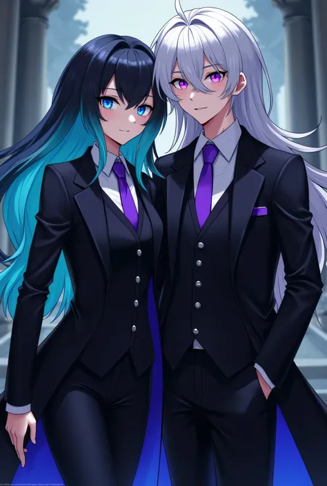 a female character hair upper hair black lower hair cyan color blue eyes black coat and pant purple tie and a male character with him white long hairs purple eyes black coat and pant purple tie