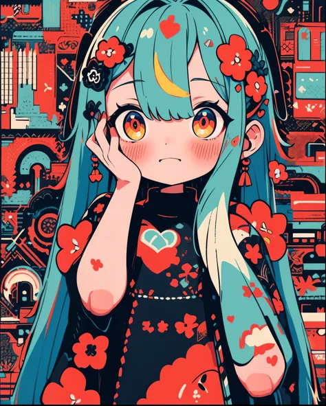 High quality, high-level image quality, cute girls, unprecedented amount of drawing, anime style, floral pattern on red background, sticker style, long hair, long black hair, red eyes, straight hair, black dress, red heart-shaped neckline, erotic and grote...