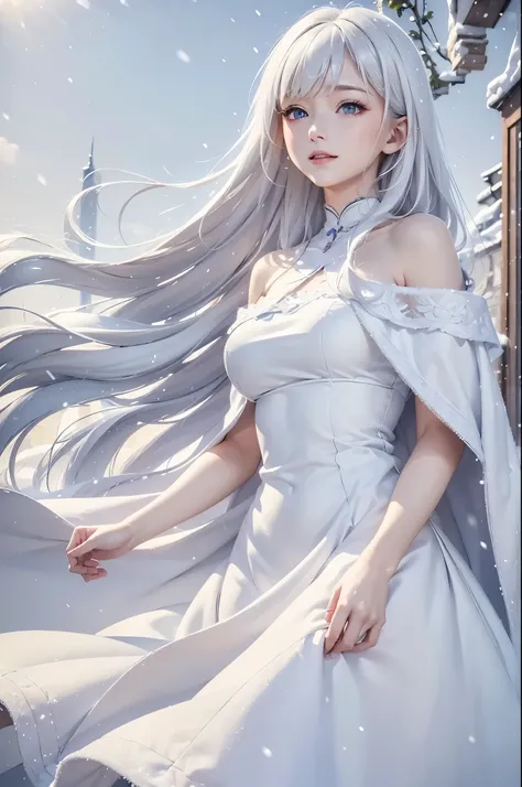 masterpiece, (highest quality: 1.2), (super fine: 1.2), figure, (very delicate and beautiful: 1.2), film angle, floating, (beautiful detail eyes: 1.1), (detail light: 1.1), film light, delicate sky, realistic:1.3, 1girl, white hair, medium breasts, winter ...