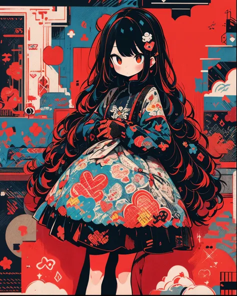 High quality, high-level image quality, cute girls, unprecedented amount of drawing, anime style, floral pattern on red background, sticker style, long hair, long black hair, red eyes, straight hair, black dress, red heart-shaped neckline, erotic and grote...