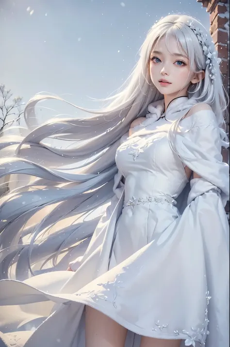 masterpiece, (highest quality: 1.2), (super fine: 1.2), figure, (very delicate and beautiful: 1.2), film angle, floating, (beautiful detail eyes: 1.1), (detail light: 1.1), film light, delicate sky, realistic:1.3, 1girl, white hair, medium breasts, winter ...