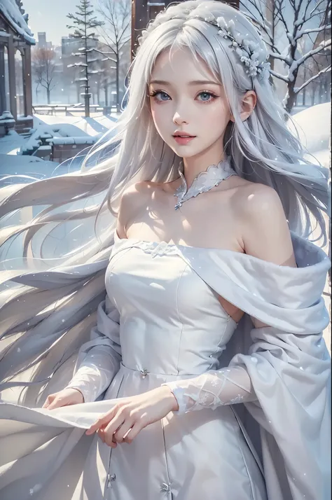 masterpiece, (highest quality: 1.2), (super fine: 1.2), figure, (very delicate and beautiful: 1.2), film angle, floating, (beautiful detail eyes: 1.1), (detail light: 1.1), film light, delicate sky, realistic:1.3, 1girl, white hair, medium breasts, winter ...