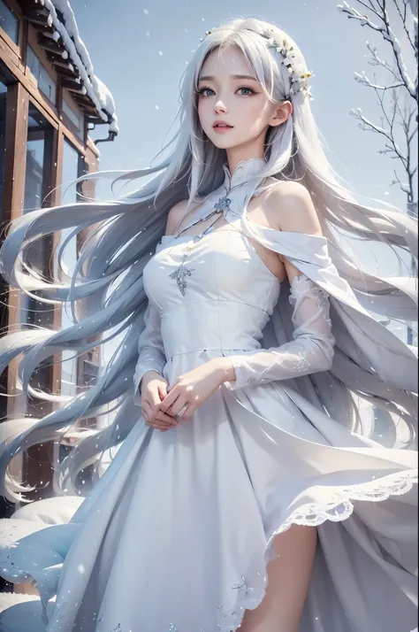 masterpiece, (highest quality: 1.2), (super fine: 1.2), figure, (very delicate and beautiful: 1.2), film angle, floating, (beautiful detail eyes: 1.1), (detail light: 1.1), film light, delicate sky, realistic:1.3, 1girl, white hair, medium breasts, winter ...