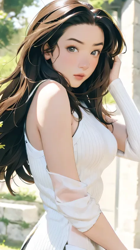 8k,  top quality , masterpiece,  very detailed,  semi-realistic ,  girl ,  girl , 20 years old, ,  bang on long dark brown hair, Curly Hair,  green eyes,  black Japanese style cut dress , White Bread, Bare shoulders,  golden details, ( firm and well-shaped...