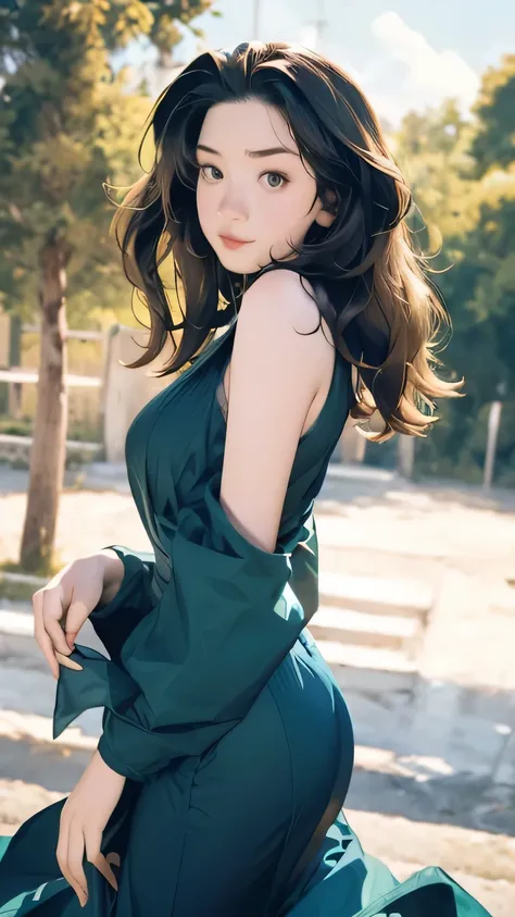 8k,  top quality , masterpiece,  very detailed,  semi-realistic ,  girl ,  girl , 20 years old, ,  bang on long dark brown hair, Curly Hair,  green eyes,  black Japanese style cut dress , White Bread, Bare shoulders,  golden details, ( firm and well-shaped...