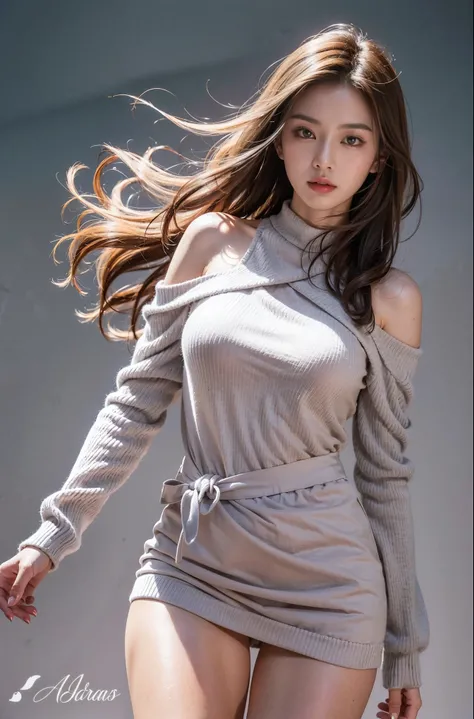 Beautiful Asian woman, gray sweater dress