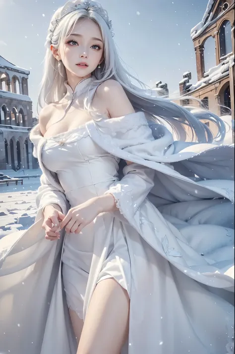 masterpiece, (highest quality: 1.2), (super fine: 1.2), figure, (very delicate and beautiful: 1.2), film angle, floating, (beautiful detail eyes: 1.1), (detail light: 1.1), film light, delicate sky, realistic:1.3, 1girl, white hair, large breasts, winter d...