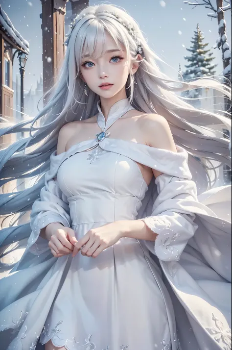 masterpiece, (highest quality: 1.2), (super fine: 1.2), figure, (very delicate and beautiful: 1.2), film angle, floating, (beautiful detail eyes: 1.1), (detail light: 1.1), film light, delicate sky, realistic:1.3, 1girl, white hair, large breasts, winter d...