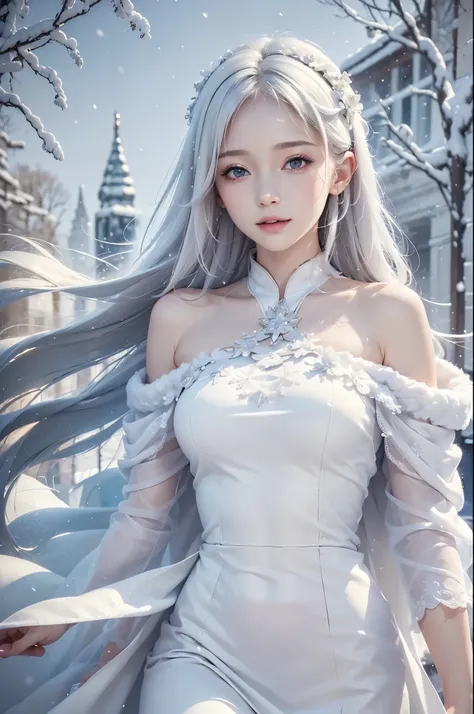 masterpiece, (highest quality: 1.2), (super fine: 1.2), figure, (very delicate and beautiful: 1.2), film angle, floating, (beautiful detail eyes: 1.1), (detail light: 1.1), film light, delicate sky, realistic:1.3, 1girl, white hair, large breasts, winter d...