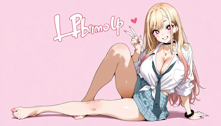 1girl, bimbo, black eyebrows, huge , skimpy clothing,(((gyaru))), pink eyes, blue short skirt, loose tie, white collar shirt, loose clothing, barefoot, , Score_9,Score_8,score_7_up,source_anime, rating_questionable, ((detailed face)) marin kitagawa, shiny ...