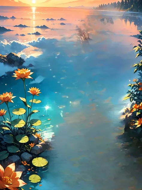 there is a painting of a river with flowers in it, beautiful art uhd 4 k, background artwork, 4k highly detailed digital art, detailed painting 4 k, anime landscape wallpaper, dreamlike digital painting, beautiful digital painting, surreal waiizi flowers, ...