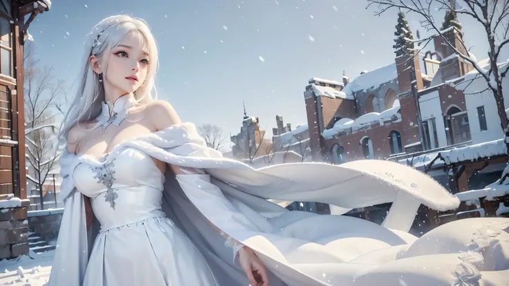 masterpiece, (highest quality: 1.2), (super fine: 1.2), figure, (very delicate and beautiful: 1.2), film angle, floating, (beautiful detail eyes: 1.1), (detail light: 1.1), film light, delicate sky, realistic:1.3, 1girl, white hair, large breasts, winter d...
